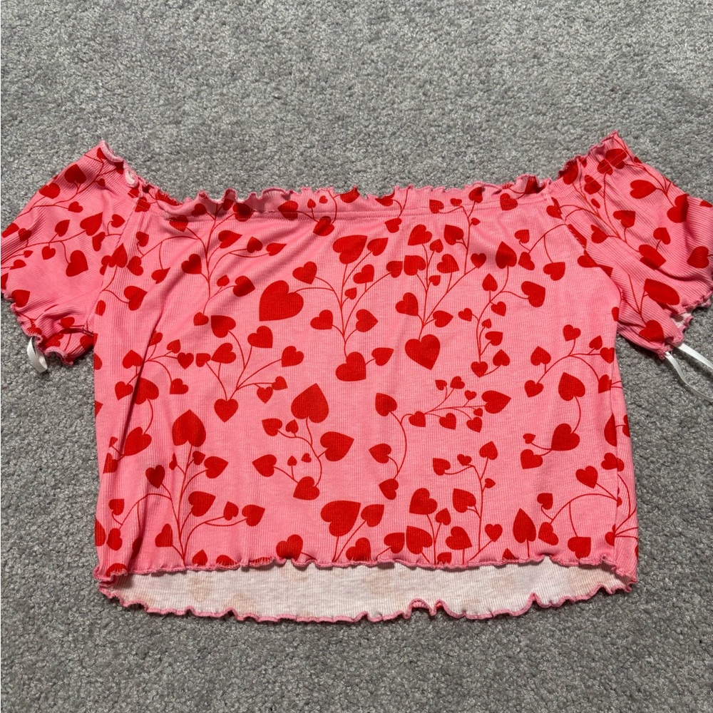 SHEIN Pink Off the Shoulder Top with Red Heart Pattern